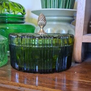 Vintage Green Glass Trinket Box with Gold Pineapple Lid